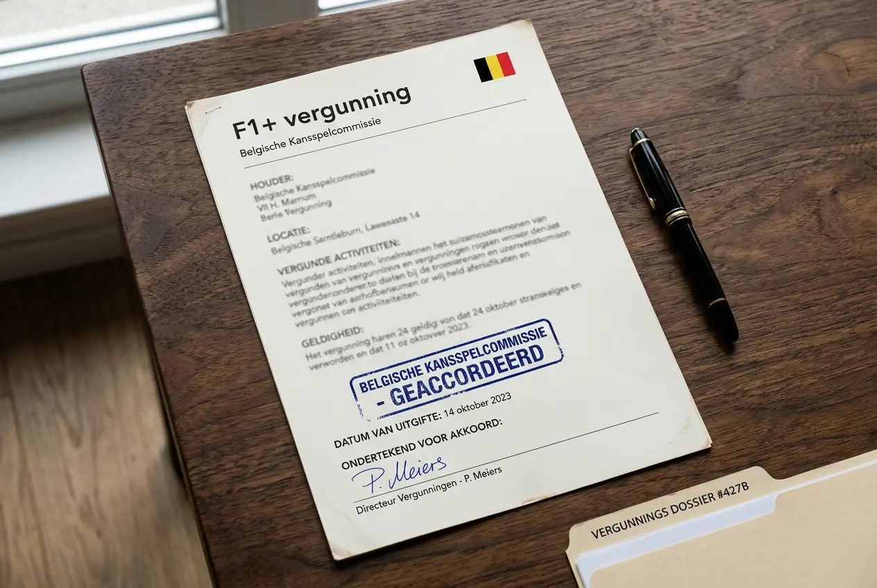 F1+-vergunningsdocument van de Belgische Kansspelcommissie voor online bookmakers