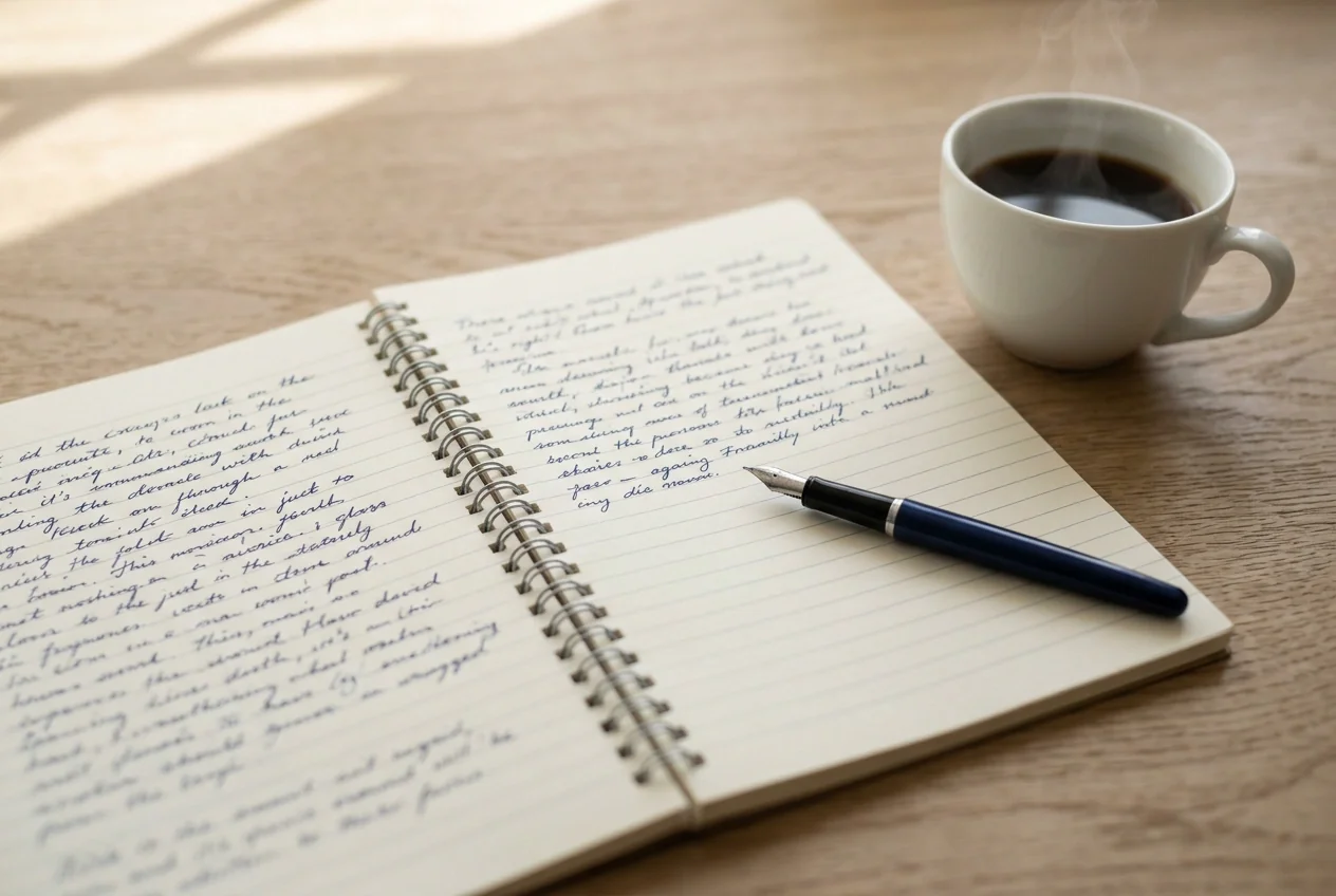 Open notitieboek met handgeschreven aantekeningen naast een dampende kop koffie op een keukentafel