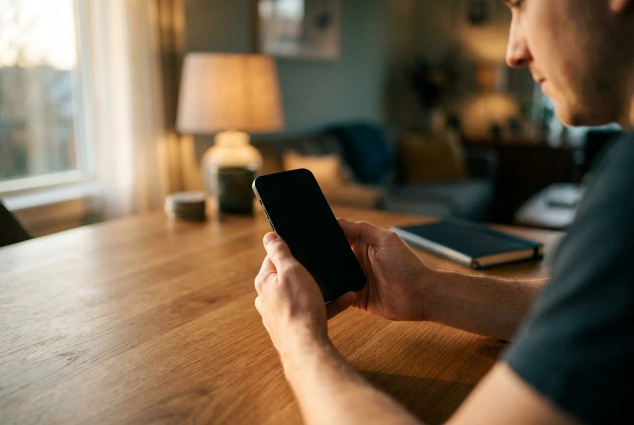 Persoon met smartphone in de hand aan een houten tafel in zacht avondlicht